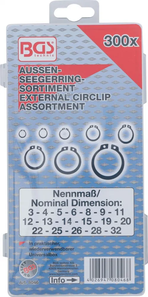 Außen-Seegerring (Sprengring) -Sortiment, 3-32 mm, 300-tlg.