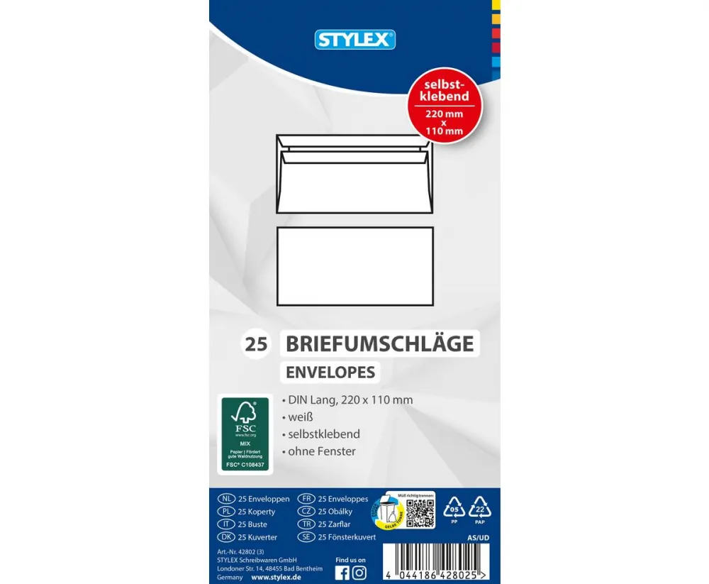 Briefumschläge DIN Lang ohne Fenster 25 Stück FSC