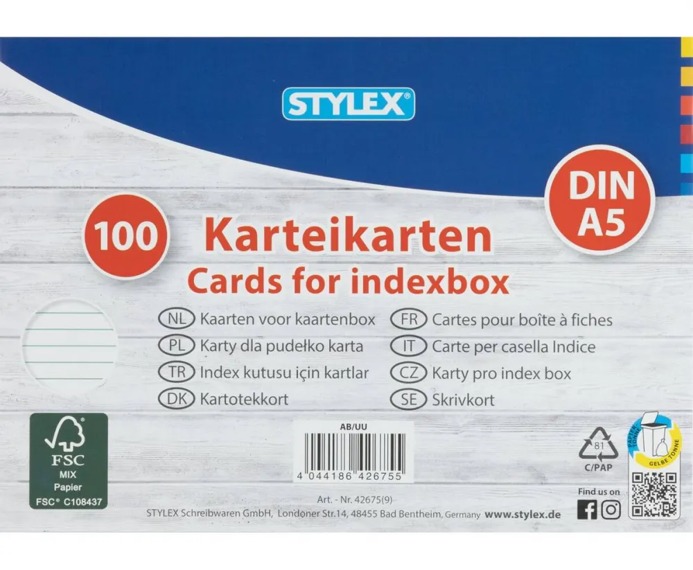 Karteikarten DIN A5 liniert 100 Stück FSC