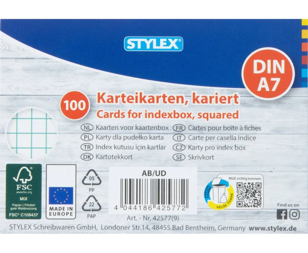 Karteikarten DIN A7 kariert 100 Stück FSC