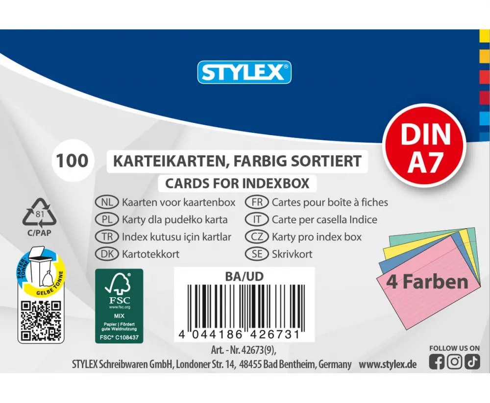 Karteikarten DIN A7 liniert farbig sortiert 100 Stück FSC