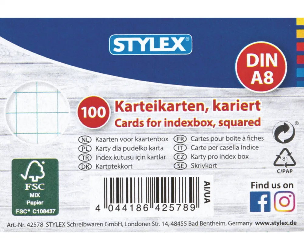Karteikarten DIN A8 kariert 100 Stück FSC