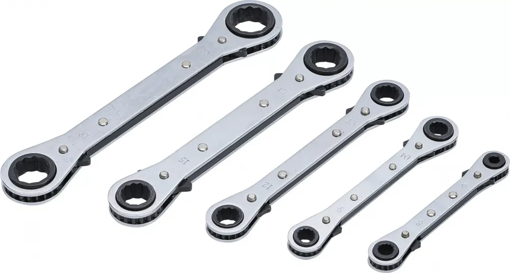 Knarren-Ringschlüssel-Satz, 6x8 - 19x21 mm, gekröpft, 5-tlg.