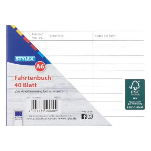 Fahrtenbuch DIN A6 40 Blatt FSC