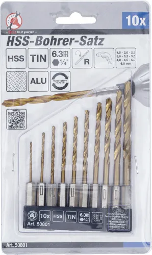 HSS-Bohrer-Satz, Titan beschichtet, 10-tlg.