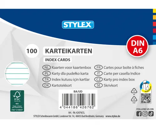 Karteikarten DIN A6 liniert 100 Stück FSC