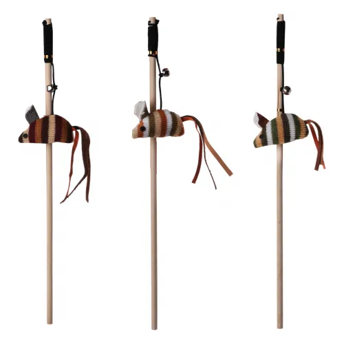 Spielangel mit Holzstab mit Maus aus Strickstoff, 40 cm