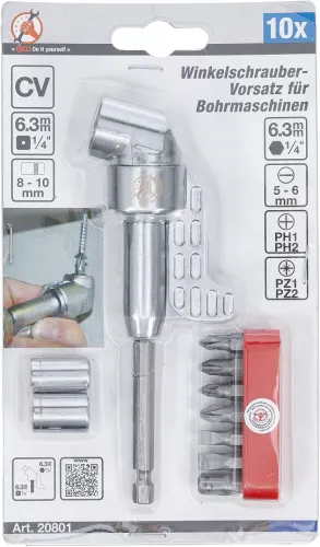 Winkelschrauber-Vorsatz für Bohrmaschinen, 10-tlg.